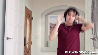 Petite teen giving roommate free blowjob