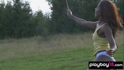 Naked ebony teen Nirmala Fernandes and Russian lesbian GF playing badminton